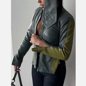 The Glamour Blueprint Trieze Biker Jacket Lambskin Leather Gray Green Women's L